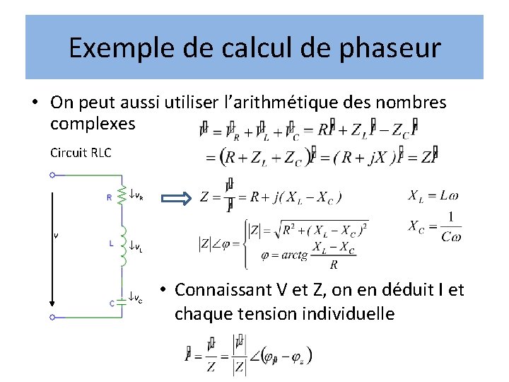 Exemple de calcul de phaseur • On peut aussi utiliser l’arithmétique des nombres complexes Exemple de calcul de phaseur • On peut aussi utiliser l’arithmétique des nombres complexes