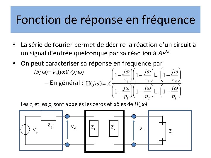Fonction de réponse en fréquence • La série de fourier permet de décrire la Fonction de réponse en fréquence • La série de fourier permet de décrire la