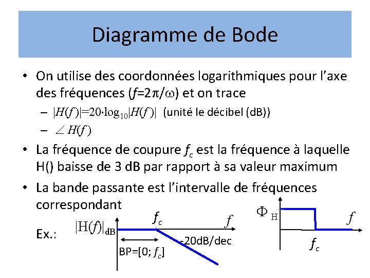 Diagramme de Bode • On utilise des coordonnées logarithmiques pour l’axe des fréquences (f=2 Diagramme de Bode • On utilise des coordonnées logarithmiques pour l’axe des fréquences (f=2