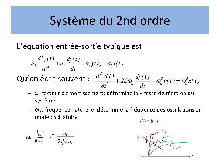 Système du 2 nd ordre L’équation entrée-sortie typique est Qu’on écrit souvent : – Système du 2 nd ordre L’équation entrée-sortie typique est Qu’on écrit souvent : –