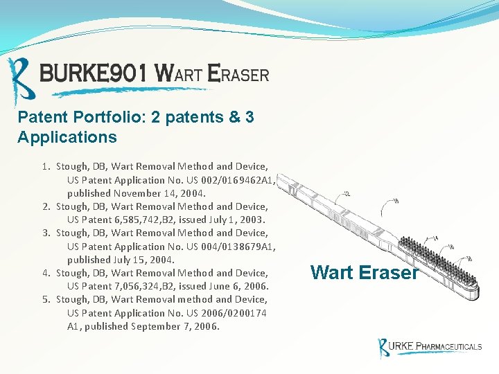 Patent Portfolio: 2 patents & 3 Applications 1. Stough, DB, Wart Removal Method and