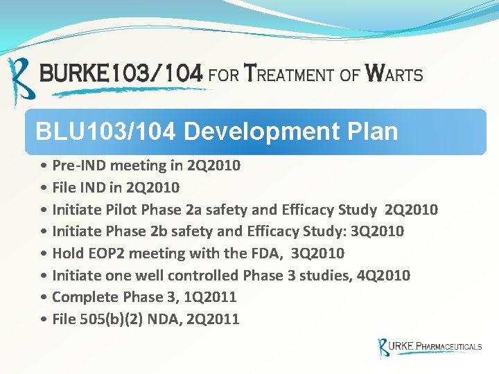 BLU 103/104 Development Plan • Pre-IND meeting in 2 Q 2010 • File IND