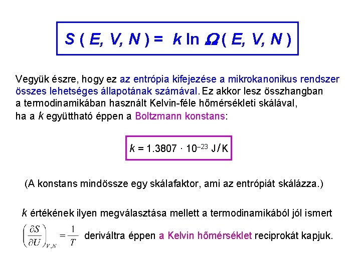 Mikrokanonikus entrópia 3 S ( E, V, N ) = k ln ( E,