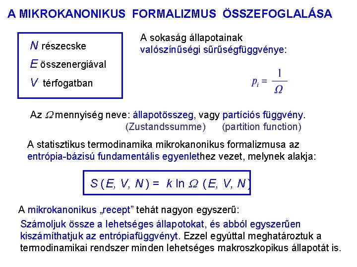 A MIKROKANONIKUS FORMALIZMUS ÖSSZEFOGLALÁSA A sokaság állapotainak valószínűségi sűrűségfüggvénye: N részecske E összenergiával V