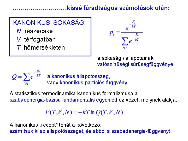 ……………kissé fáradtságos számolások után: KANONIKUS SOKASÁG: N részecske V térfogatban T hőmérsékleten a sokaság
