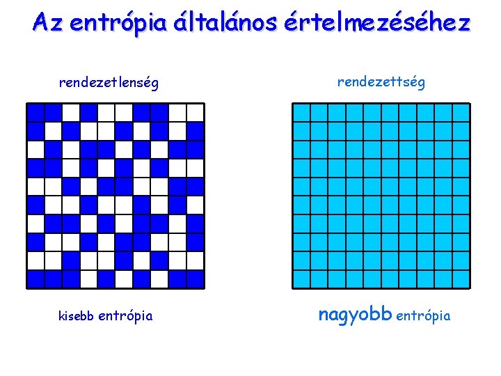 Az entrópia általános értelmezéséhez rendezetlenség rendezettség kisebb entrópia nagyobb entrópia 