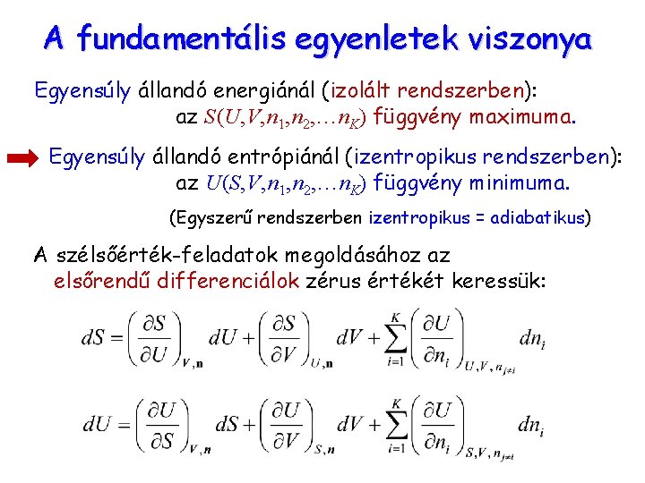 A fundamentális egyenletek viszonya Egyensúly állandó energiánál (izolált rendszerben): az S (U, V, n