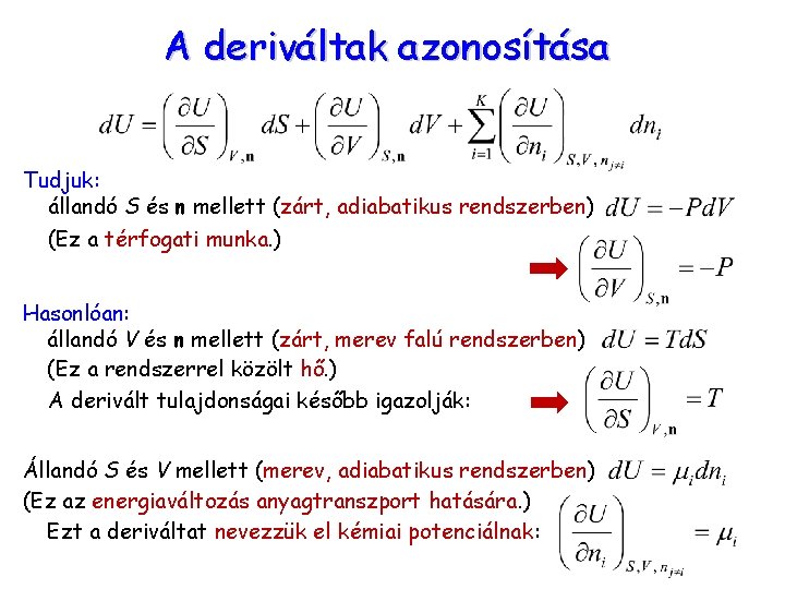 A deriváltak azonosítása Tudjuk: állandó S és n mellett (zárt, adiabatikus rendszerben) (Ez a