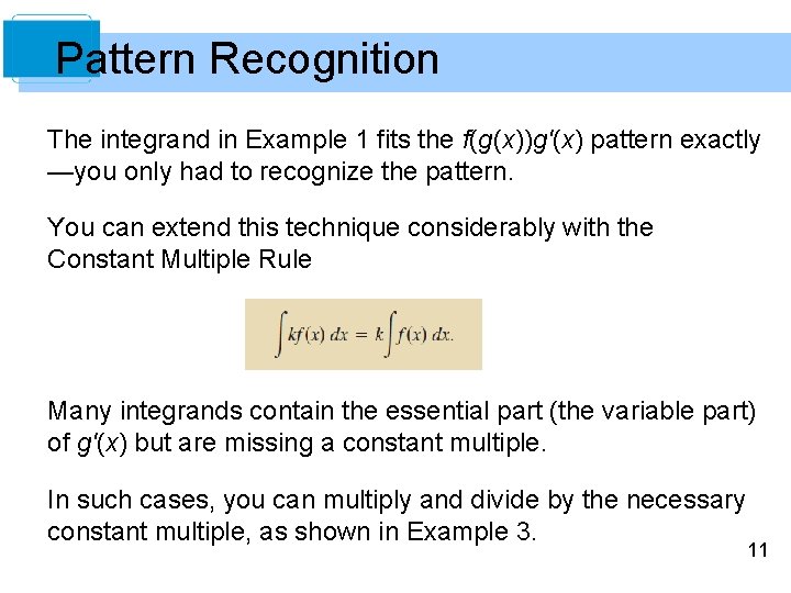 Pattern Recognition The integrand in Example 1 fits the f(g(x))g'(x) pattern exactly —you only