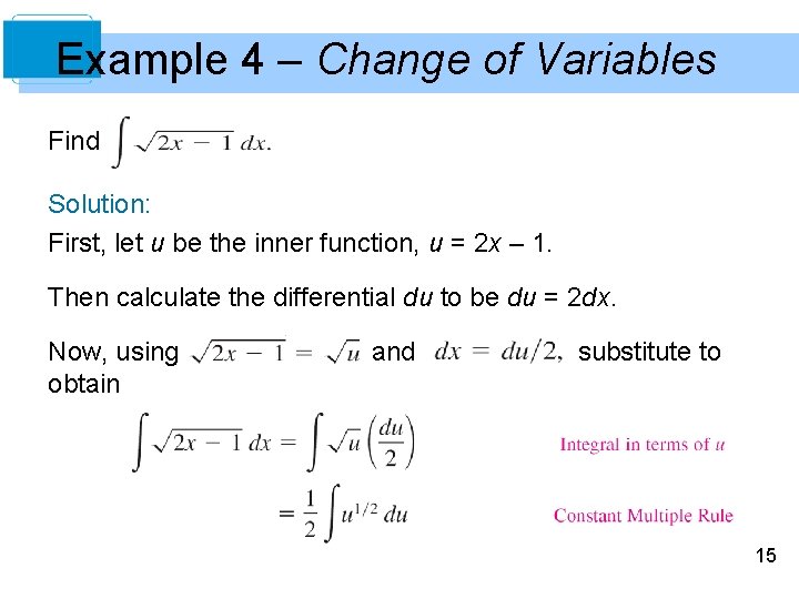 Example 4 – Change of Variables Find Solution: First, let u be the inner