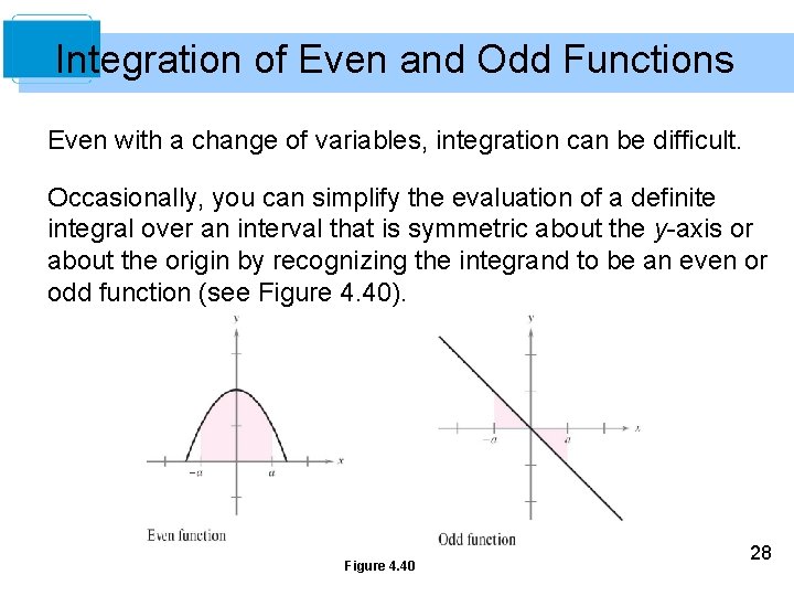 Integration of Even and Odd Functions Even with a change of variables, integration can