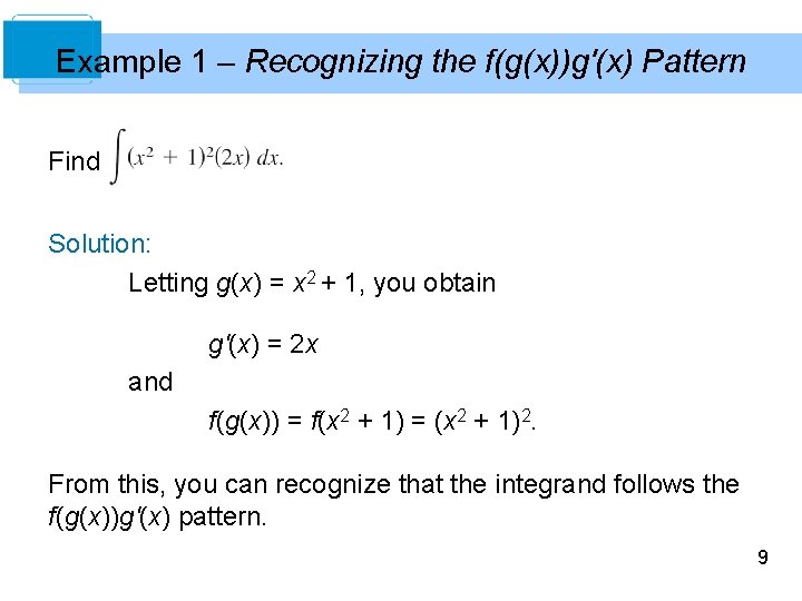 Example 1 – Recognizing the f(g(x))g'(x) Pattern Find Solution: Letting g(x) = x 2