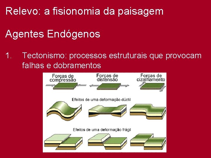 Relevo: a fisionomia da paisagem Agentes Endógenos 1. Tectonismo: processos estruturais que provocam falhas