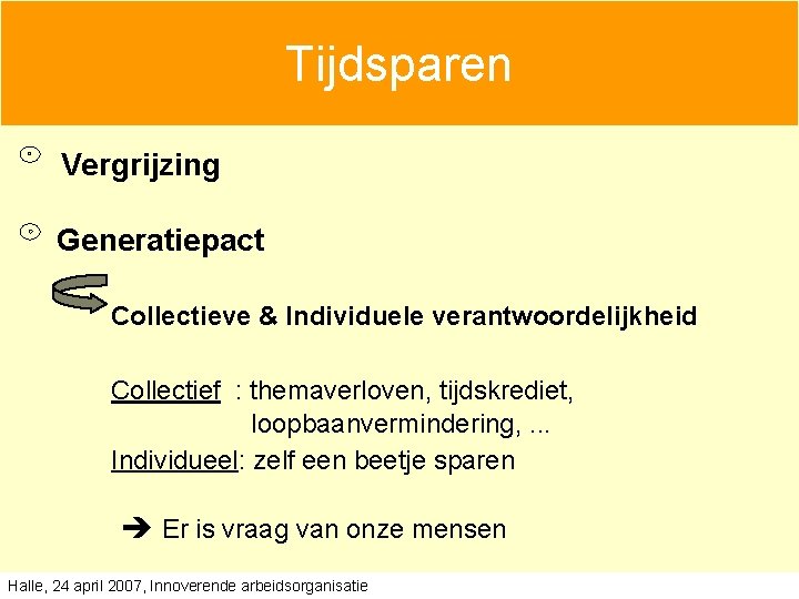 Tijdsparen Vergrijzing Generatiepact Collectieve & Individuele verantwoordelijkheid Collectief : themaverloven, tijdskrediet, loopbaanvermindering, . . Tijdsparen Vergrijzing Generatiepact Collectieve & Individuele verantwoordelijkheid Collectief : themaverloven, tijdskrediet, loopbaanvermindering, . .
