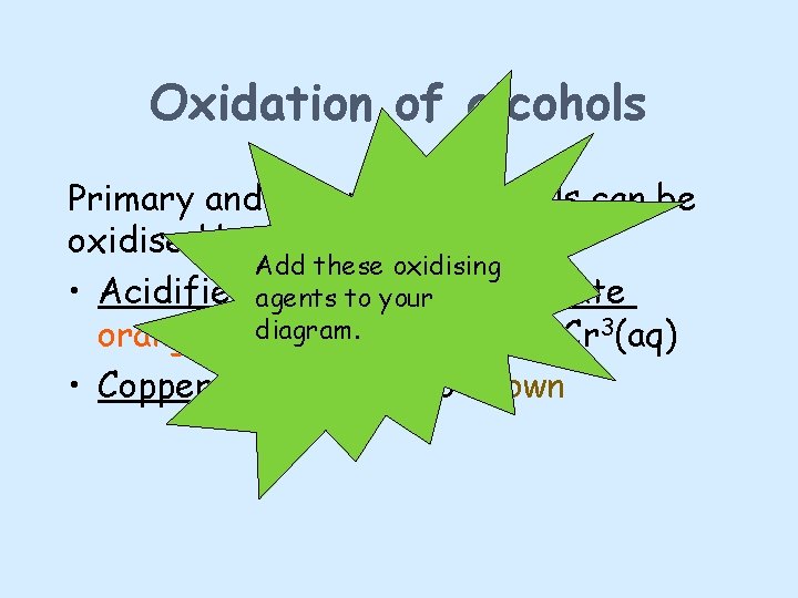Oxidation of alcohols Primary and secondary alcohols can be oxidised by Add these oxidising