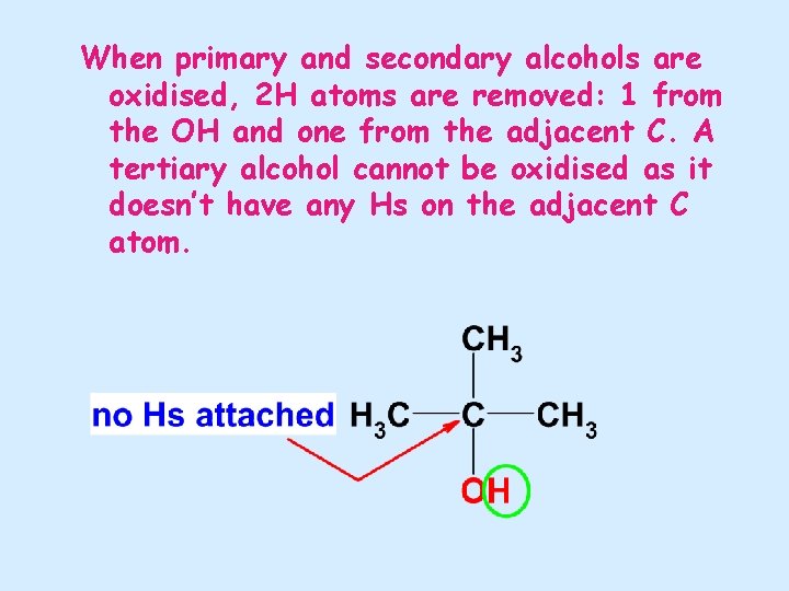 When primary and secondary alcohols are oxidised, 2 H atoms are removed: 1 from