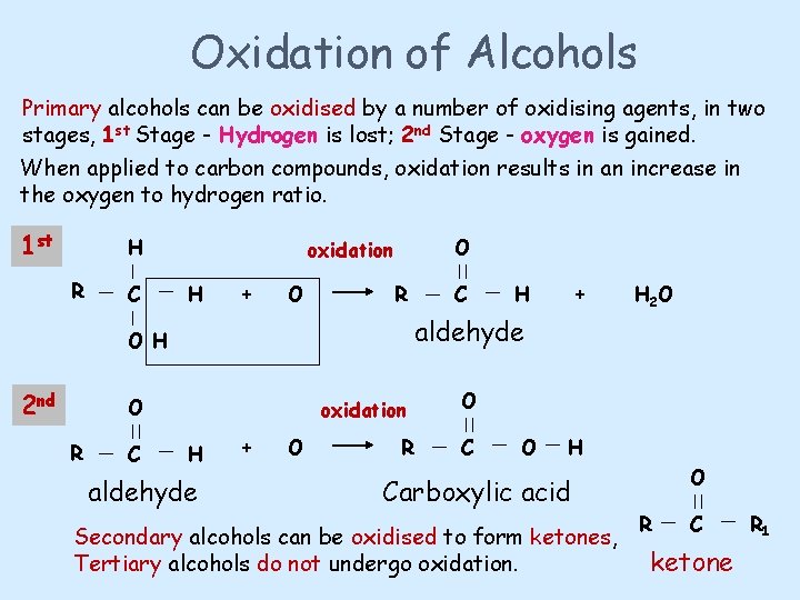 Oxidation of Alcohols Primary alcohols can be oxidised by a number of oxidising agents,