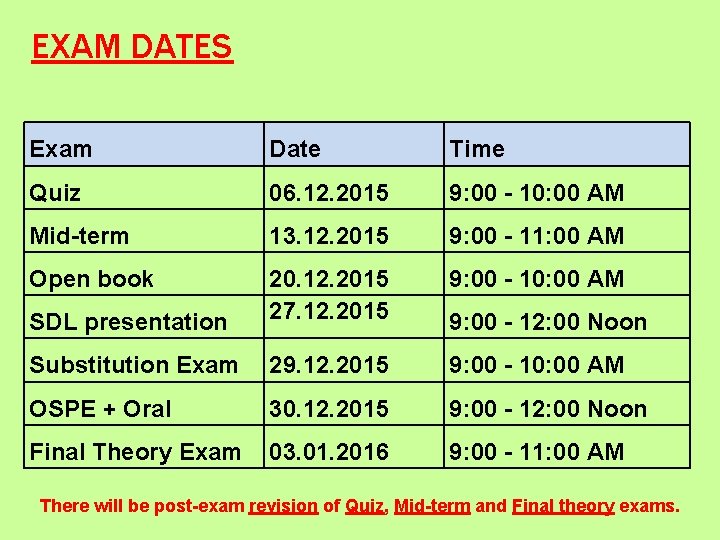 EXAM DATES Exam Date Time Quiz 06. 12. 2015 9: 00 - 10: 00