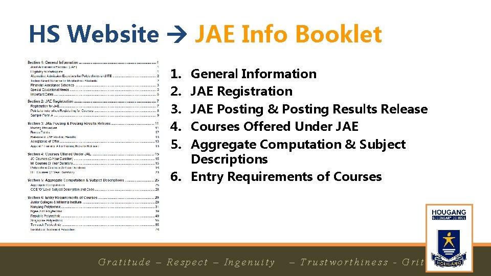 HS Website JAE Info Booklet 1. 2. 3. 4. 5. General Information JAE Registration