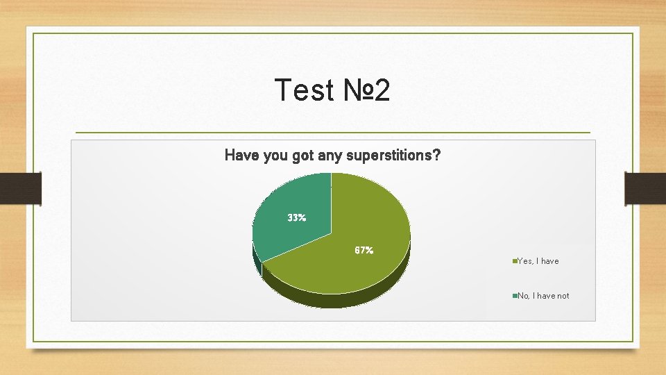 Test № 2 Have you got any superstitions? 33% 67% Yes, I have No, Test № 2 Have you got any superstitions? 33% 67% Yes, I have No,