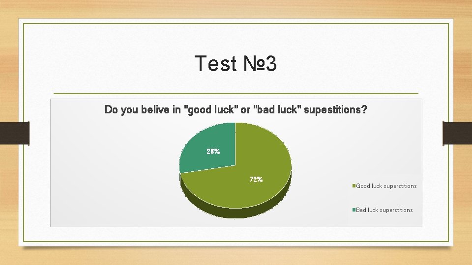 Test № 3 Do you belive in "good luck" or "bad luck" supestitions? 28% Test № 3 Do you belive in "good luck" or "bad luck" supestitions? 28%