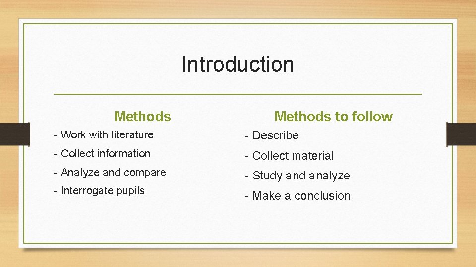 Introduction Methods to follow - Work with literature - Describe - Collect information - Introduction Methods to follow - Work with literature - Describe - Collect information -