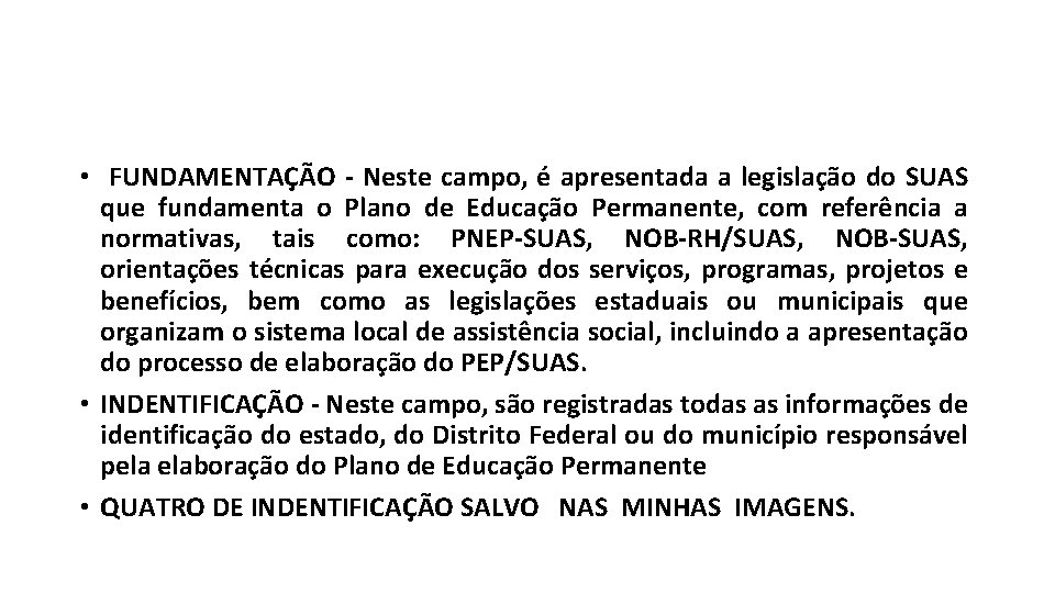  • FUNDAMENTAÇÃO - Neste campo, é apresentada a legislação do SUAS que fundamenta