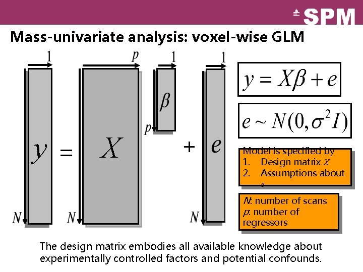 Mass-univariate analysis: voxel-wise GLM y = X + Model is specified by 1. Design