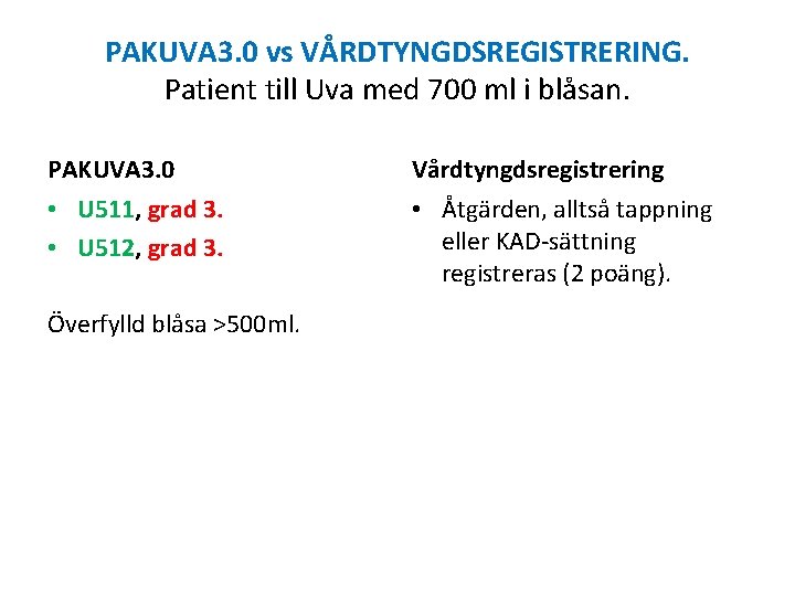 PAKUVA 3. 0 vs VÅRDTYNGDSREGISTRERING. Patient till Uva med 700 ml i blåsan. PAKUVA