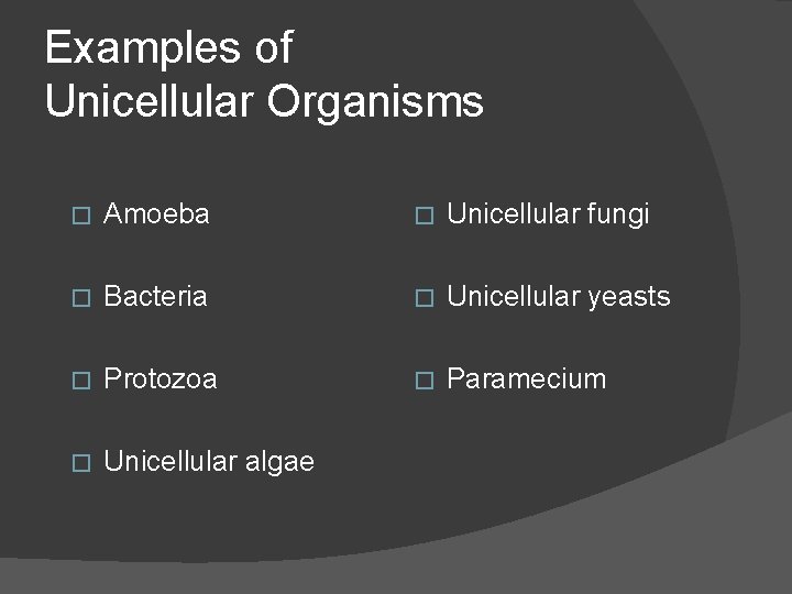 Examples of Unicellular Organisms � Amoeba � Unicellular fungi � Bacteria � Unicellular yeasts