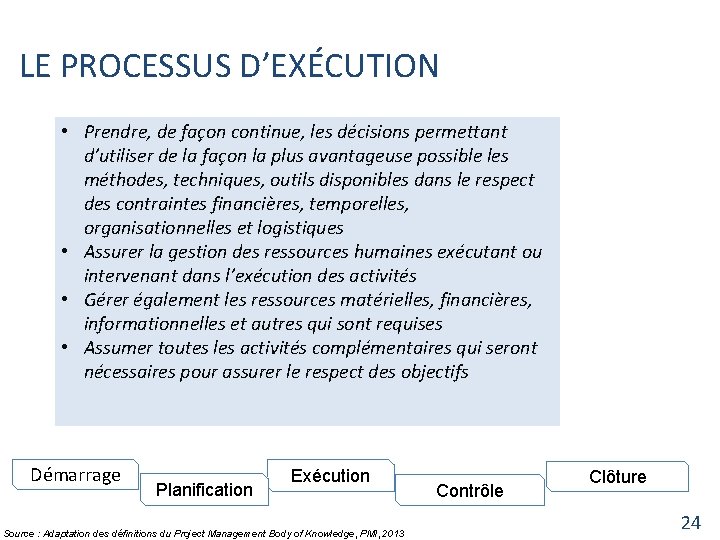 LE PROCESSUS D’EXÉCUTION • Prendre, de façon continue, les décisions permettant d’utiliser de la