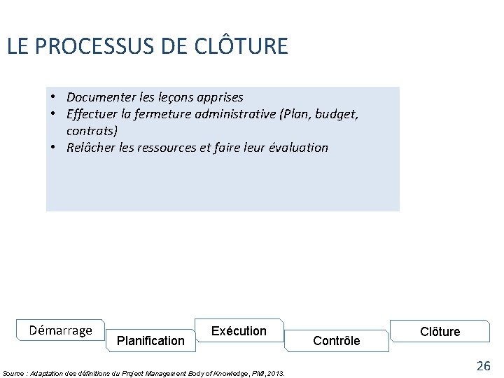 LE PROCESSUS DE CLÔTURE • Documenter les leçons apprises • Effectuer la fermeture administrative