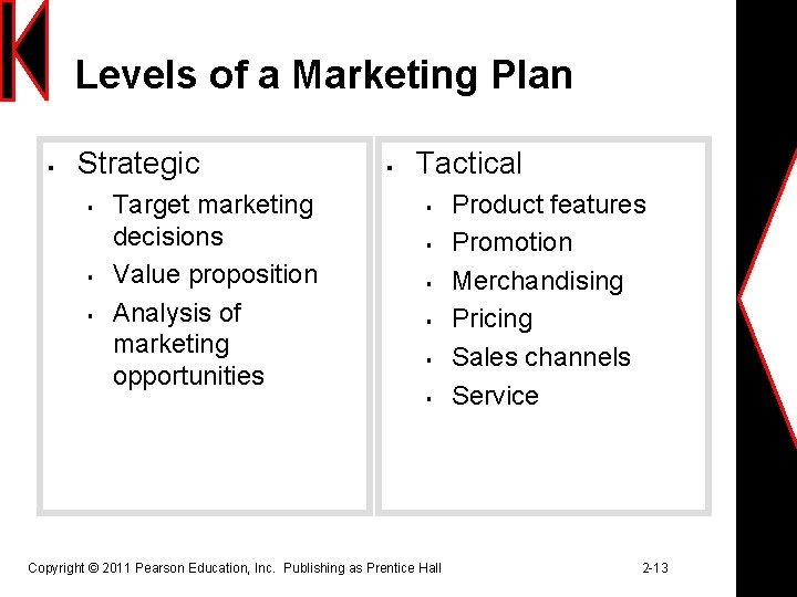 Levels of a Marketing Plan § Strategic § § § Target marketing decisions Value
