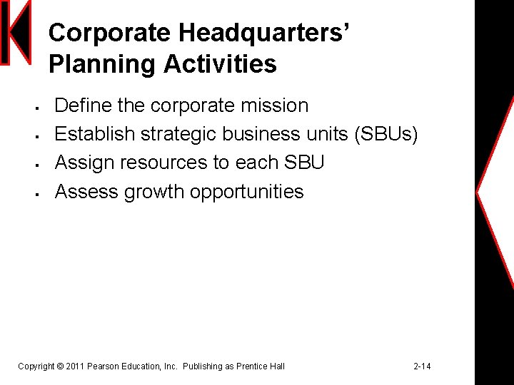 Corporate Headquarters’ Planning Activities § § Define the corporate mission Establish strategic business units