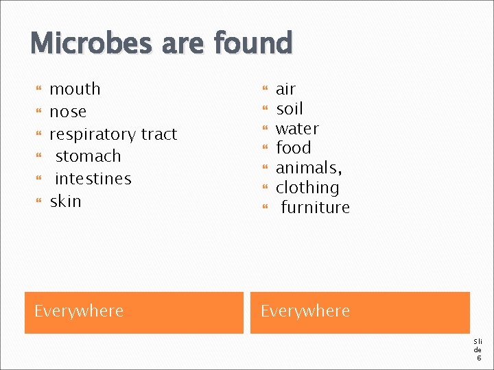 Microbes are found mouth nose respiratory tract stomach intestines skin Everywhere air soil water