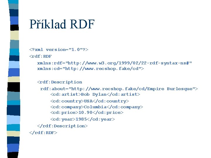 Příklad RDF <? xml version="1. 0"? > <rdf: RDF xmlns: rdf="http: //www. w 3.