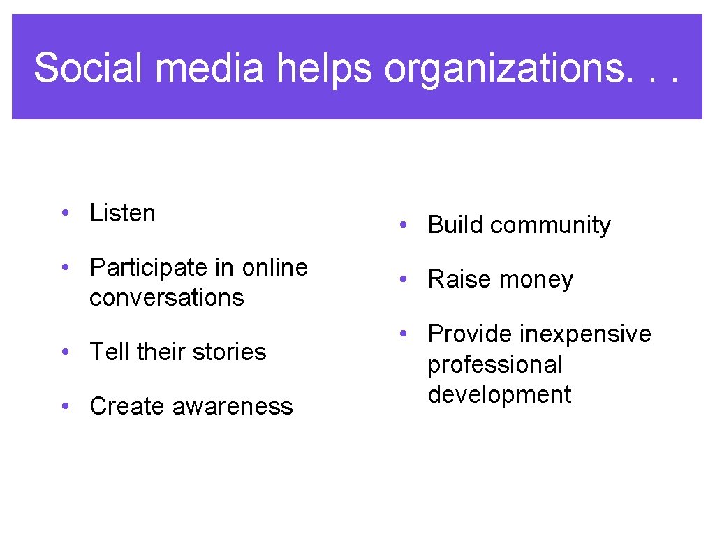 Social media helps organizations. . . • Listen • Build community • Participate in
