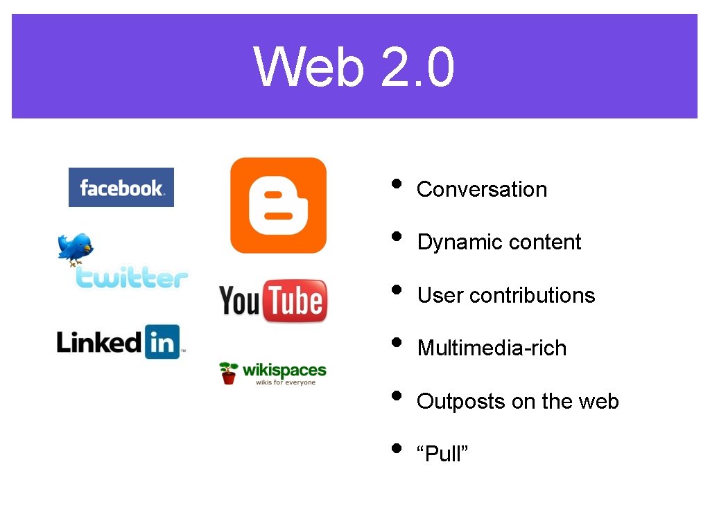 Web 2. 0 • • • Conversation Dynamic content User contributions Multimedia-rich Outposts on