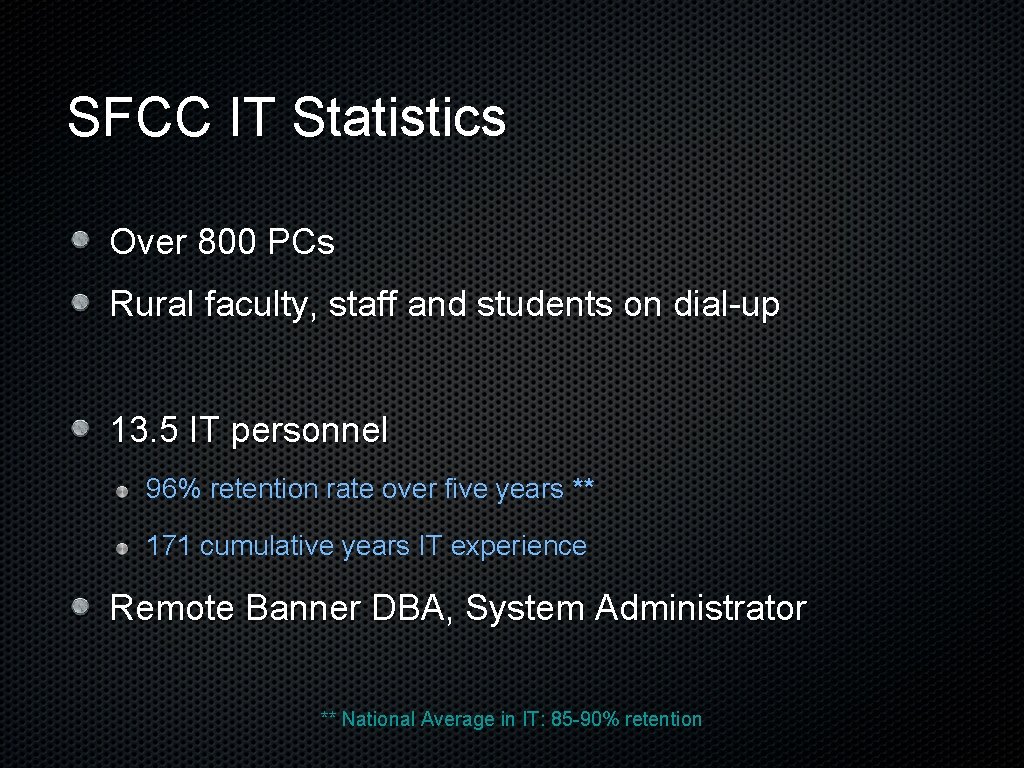 SFCC IT Statistics Over 800 PCs Rural faculty, staff and students on dial-up 13.