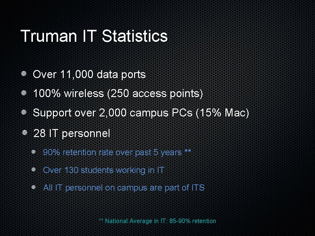 Truman IT Statistics Over 11, 000 data ports 100% wireless (250 access points) Support