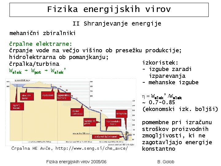 Fizika energijskih virov II Shranjevanje energije mehanični zbiralniki črpalne elektrarne: črpanje vode na večjo