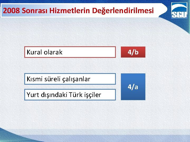 2008 Sonrası Hizmetlerin Değerlendirilmesi Kural olarak Kısmi süreli çalışanlar Yurt dışındaki Türk işçiler 4/b