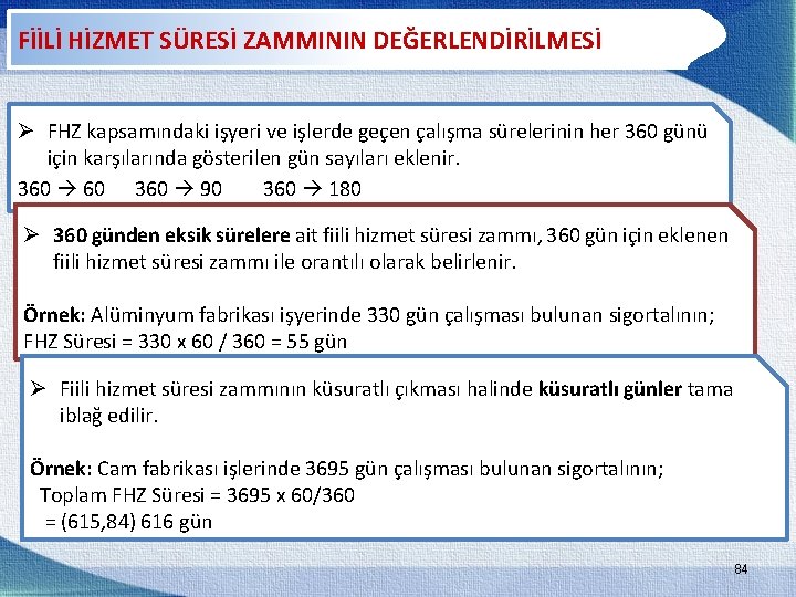 FİİLİ HİZMET SÜRESİ ZAMMININ DEĞERLENDİRİLMESİ Ø FHZ kapsamındaki işyeri ve işlerde geçen çalışma sürelerinin