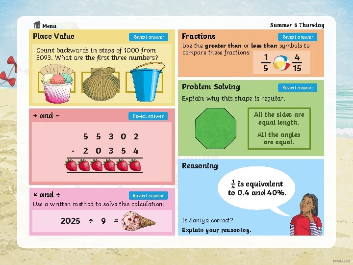 Summer 6 Thursday Menu Place Value Reveal answer Count backwards in steps of 1000