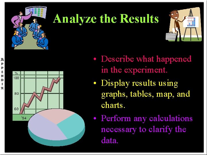 Analyze the Results • Describe what happened in the experiment. • Display results using