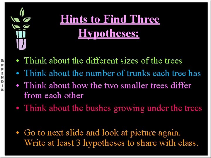 Hints to Find Three Hypotheses: • Think about the different sizes of the trees
