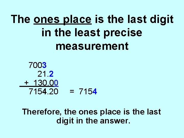 The ones place is the last digit in the least precise measurement 7003 21.