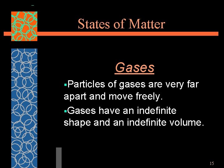 States of Matter Gases §Particles of gases are very far apart and move freely.