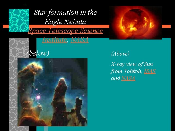 Star formation in the Eagle Nebula Space Telescope Science Institute, NASA (below) (Above) X-ray