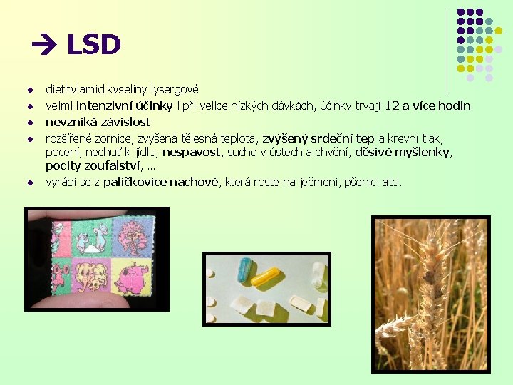  LSD l l l diethylamid kyseliny lysergové velmi intenzivní účinky i při velice